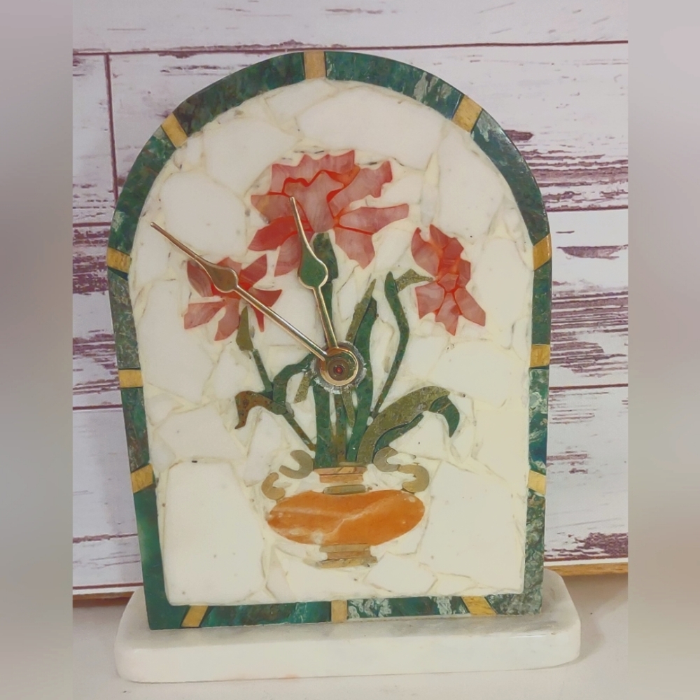 Vintage Floral Mosaic Design Marble Desk/Mantle Clock EUC